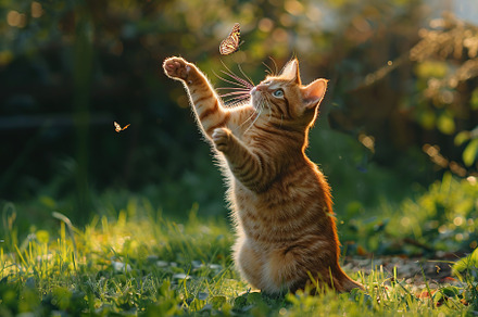 Redhaired cat playing with butterfly in the park, an Animal Photo by AlyaAnd