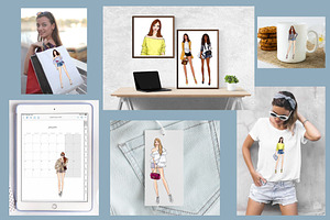 Girls In Shorts Fashion Clipart Set