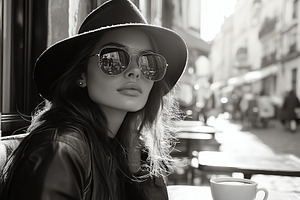 Attractive woman resting in outdoor cafe, photo in black and whi, a Person Photo by AlyaAnd