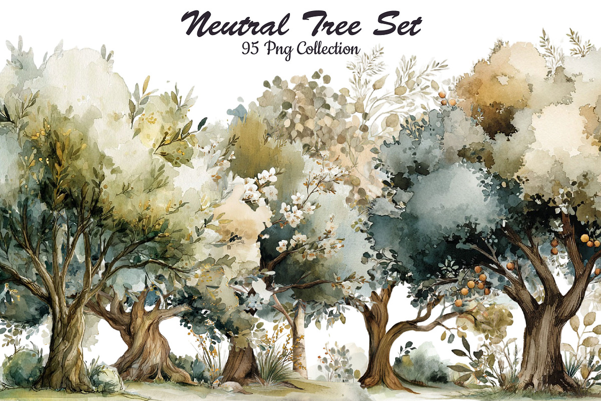 Neutral watercolor tree clipart set, an Object Illustration by DreamCafeArt (Photo 1 of 6)