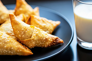 Crispy Indian Samosas with milk, a Food & Drink Photo by Virgo Studio