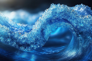 Waves of shimmering blue water resem, a Photo by Tanuart