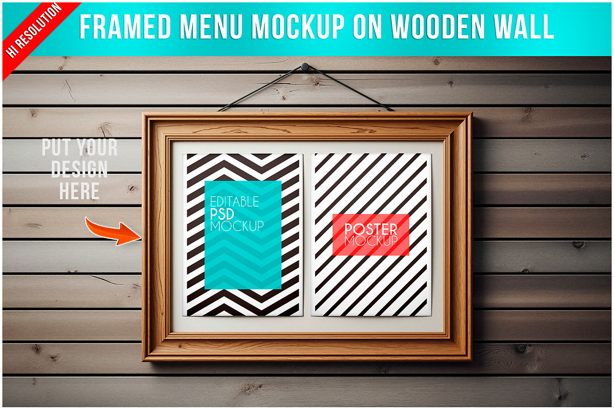 Framed Menu On Wooden Wall PSD, a Product Mockup by Bruno's Shop (Photo 1 of 3)