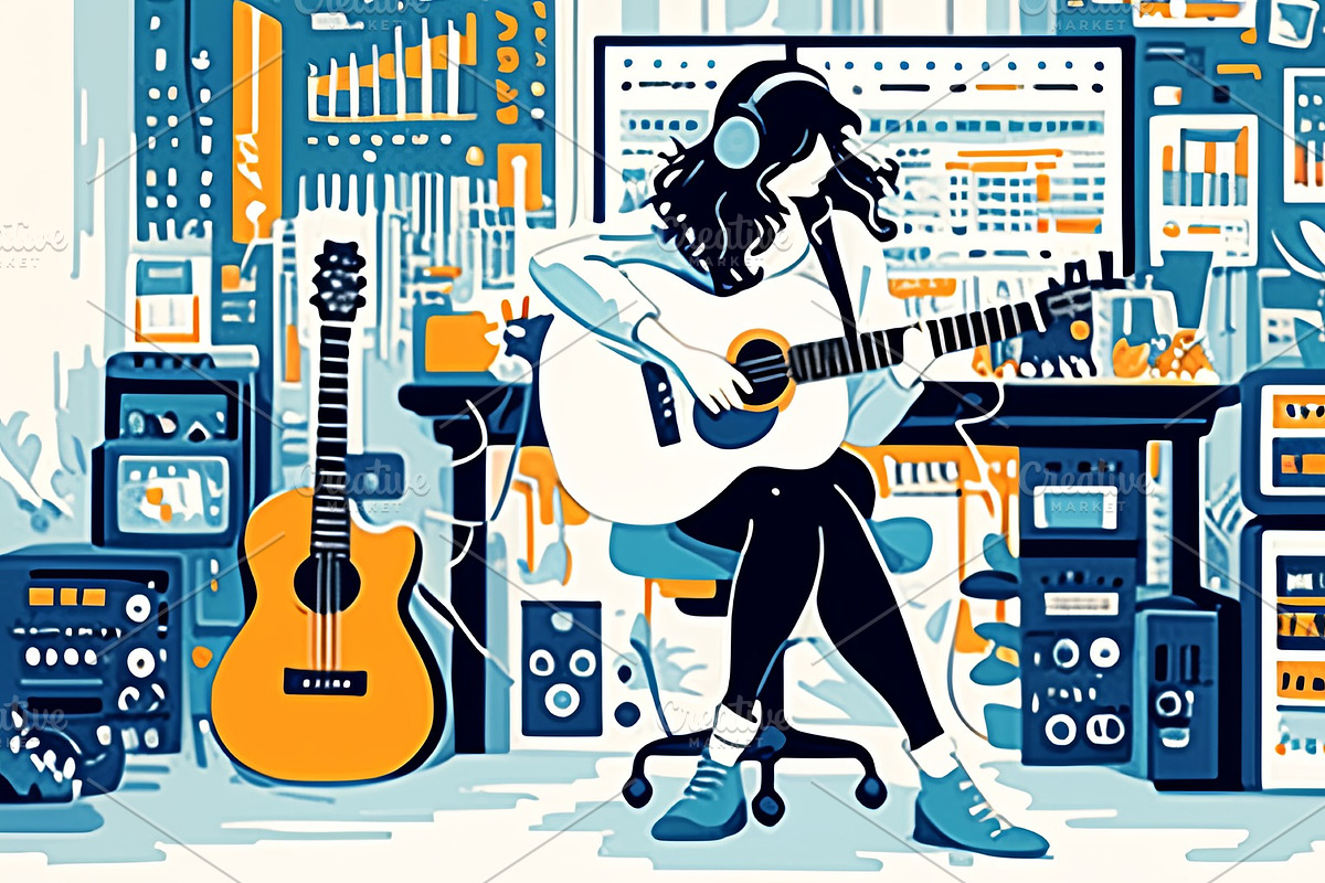 Woman playing guitar in creative studio surrounded by music equipment and instr, an Illustration by AS photostudio