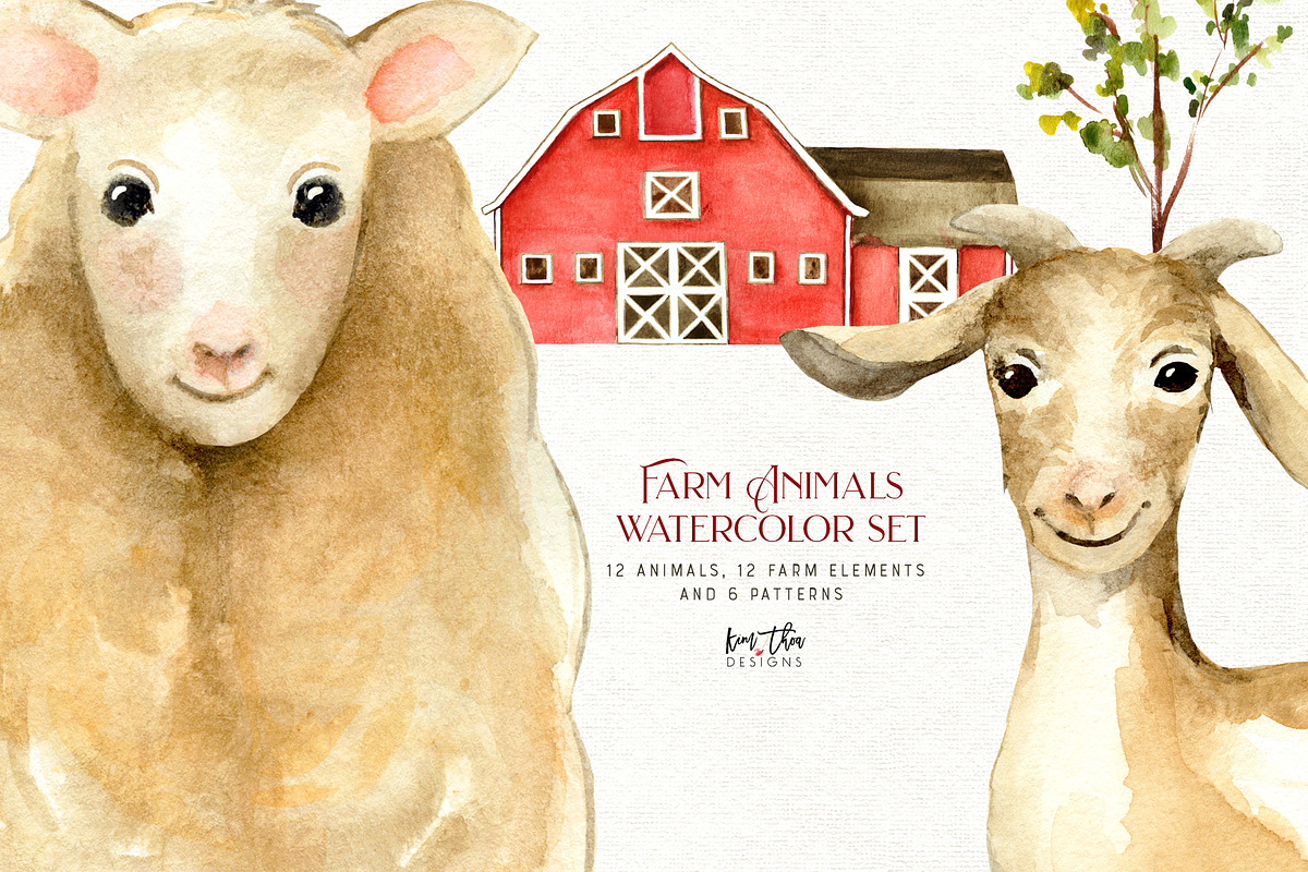 Farm Animals Watercolor Set, an Animal Illustration by Kim Thoa Designs (Photo 5 of 6)