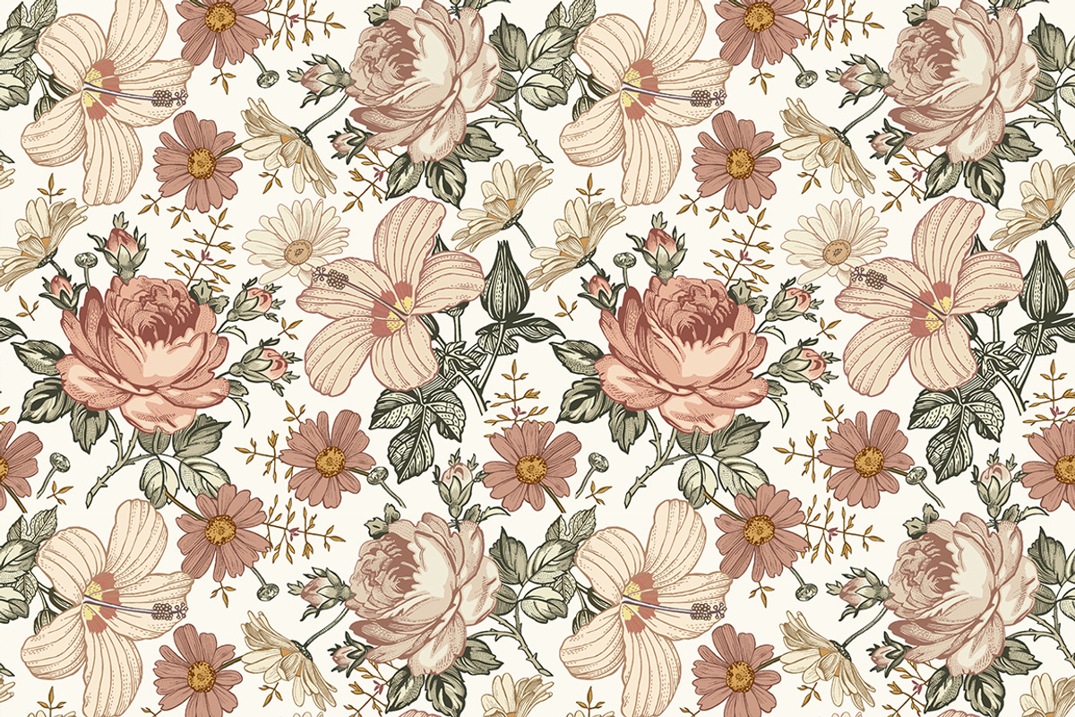 Set Seamless Flowers Roses Hibiscus, a Pattern Graphic by Vintage (Photo 6 of 13)