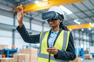 Worker in an industrial inside a factory uses AR glasses to acce, a Technology Photo by DanFLCreativo