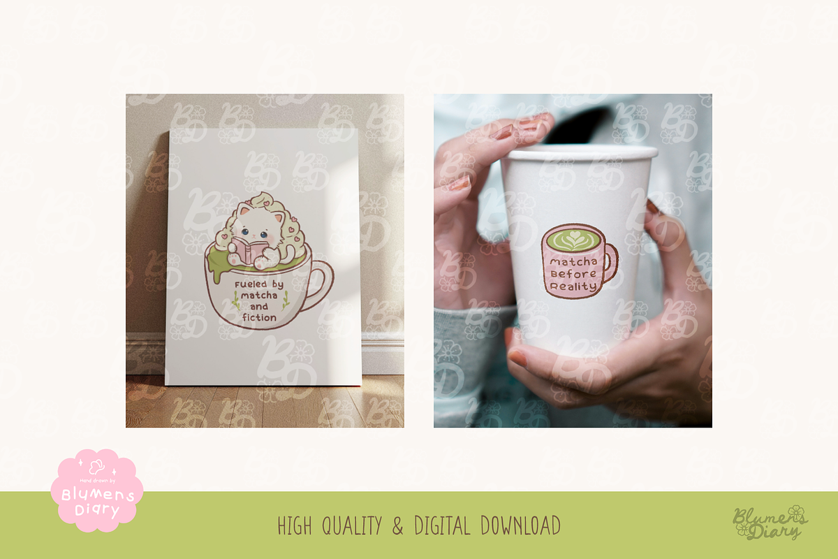 Bookish Matcha Cat Clipart, an Animal Illustration by Blumensdiary (Photo 5 of 6)