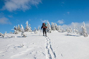 Man hiking on snow in mountains, a Person Photo by Vapi