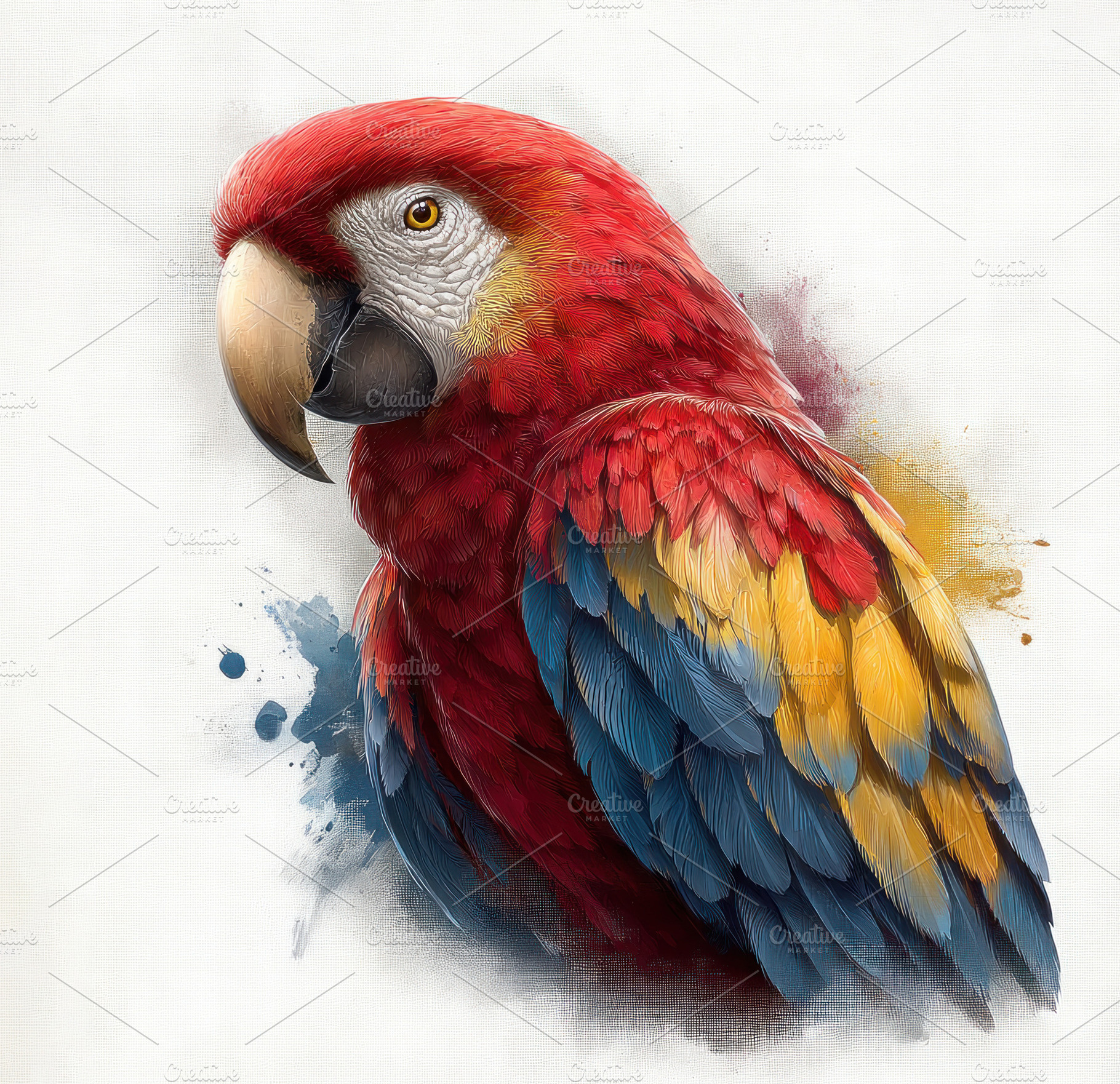 Scarlet Macaw Portrait with Rich Red Plumage and Abstract Waterc, an Animal Photo by José Manuel Gelpi