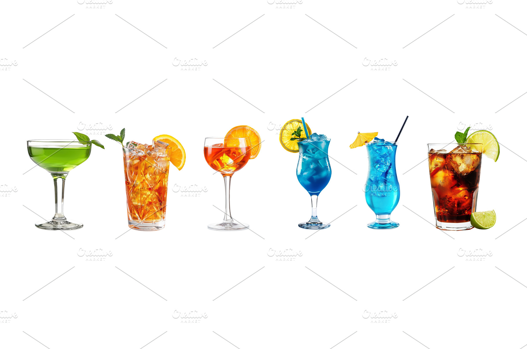 A colorful lineup of six cocktails, a Background Photo by piter.goskov