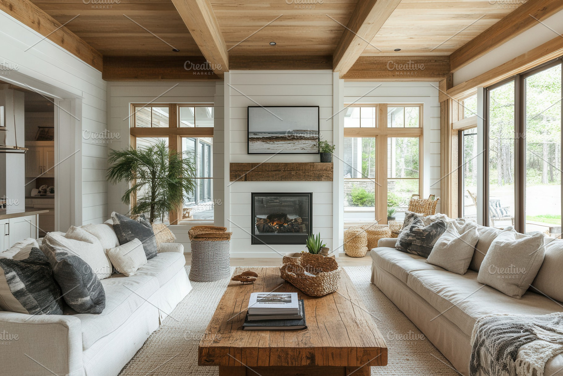 A cozy living room with a fireplace, a Photo by Pavel_design