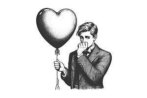 Shy man holding heart balloon vector, a Person Illustration by AlexArt