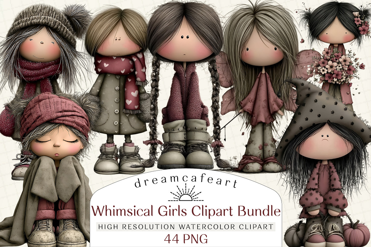 Whimsical Girls Clipart Bundle, an Illustration by DreamCafeArt (Photo 1 of 8)