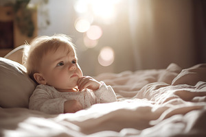 Sad little baby girl is lying in bed at home or hospital, a Person Photo by Lenor4ik