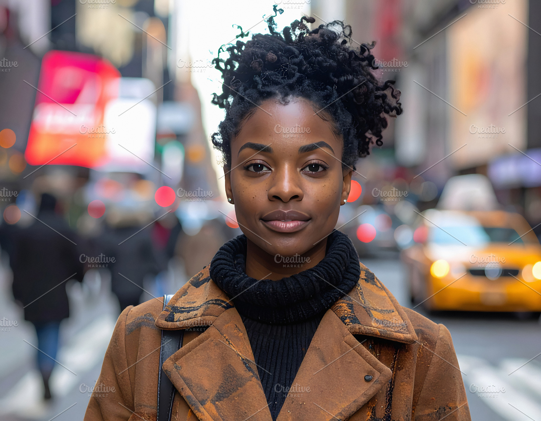 Woman in brown coat standing confidently in busy New York, a Person Photo by GoodGoods