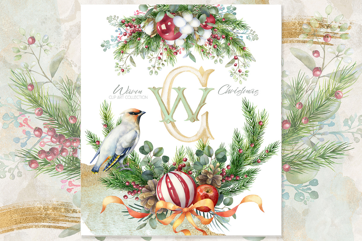 Vintage Christmas Watercolor Clipart, a Decorative Illustration by WonderWonder (Photo 1 of 8)