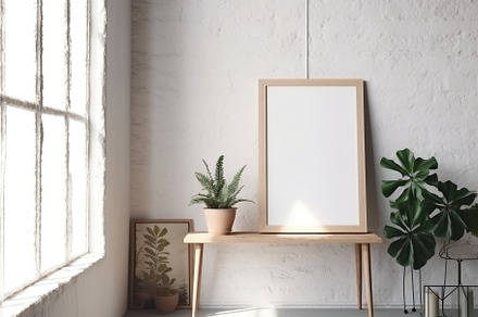 Blank print frame mockup with plants and decor on light backgrou, a Photo by Dvoevnore photos