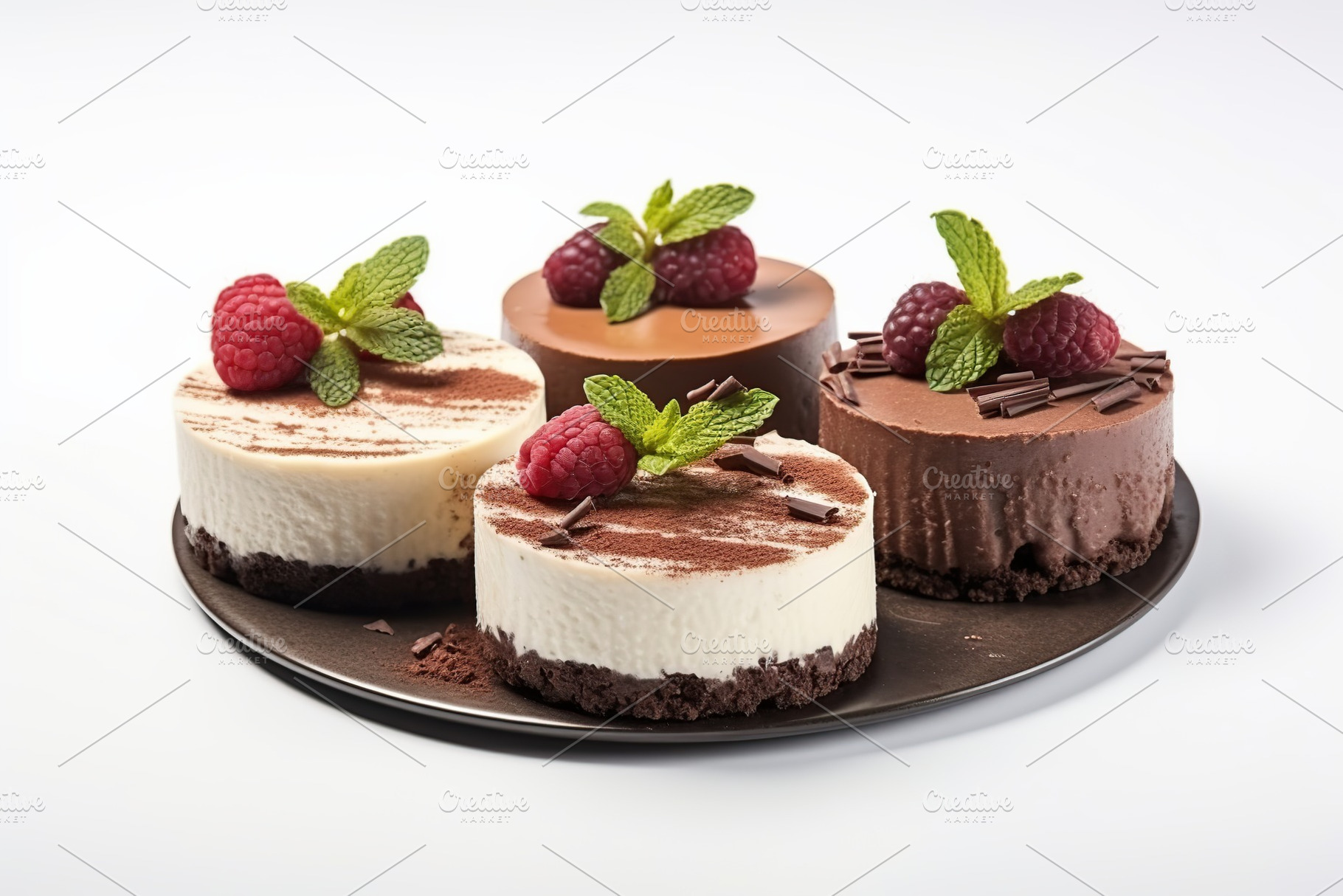 Different pieces of cheesecake with fresh berries on white background, a Food & Drink Photo by AlyaAnd