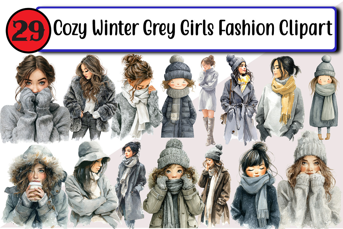 Cozy Winter Grey Girls Fashion, an Illustration by Design Market (Photo 1 of 3)