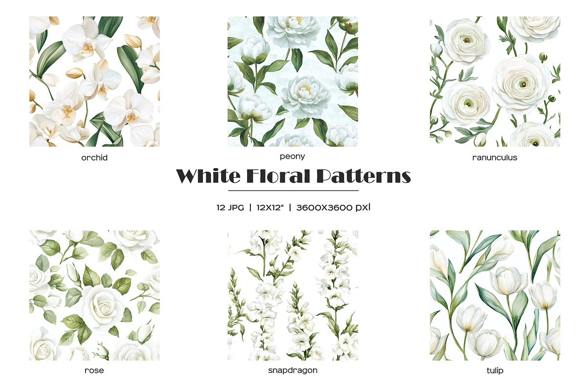 Watercolor white flowers patterns, a Pattern Graphic by Art and Funny (Photo 3 of 7)