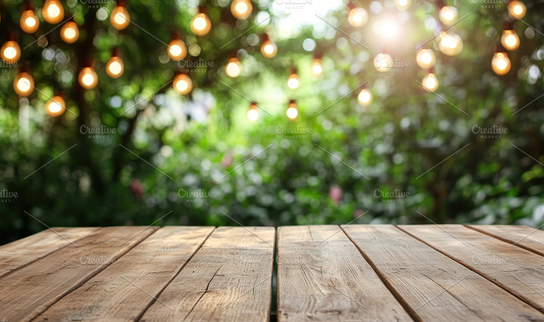 Empty brown wooden table with different party decorations, outdo, a Background Photo by AlyaAnd