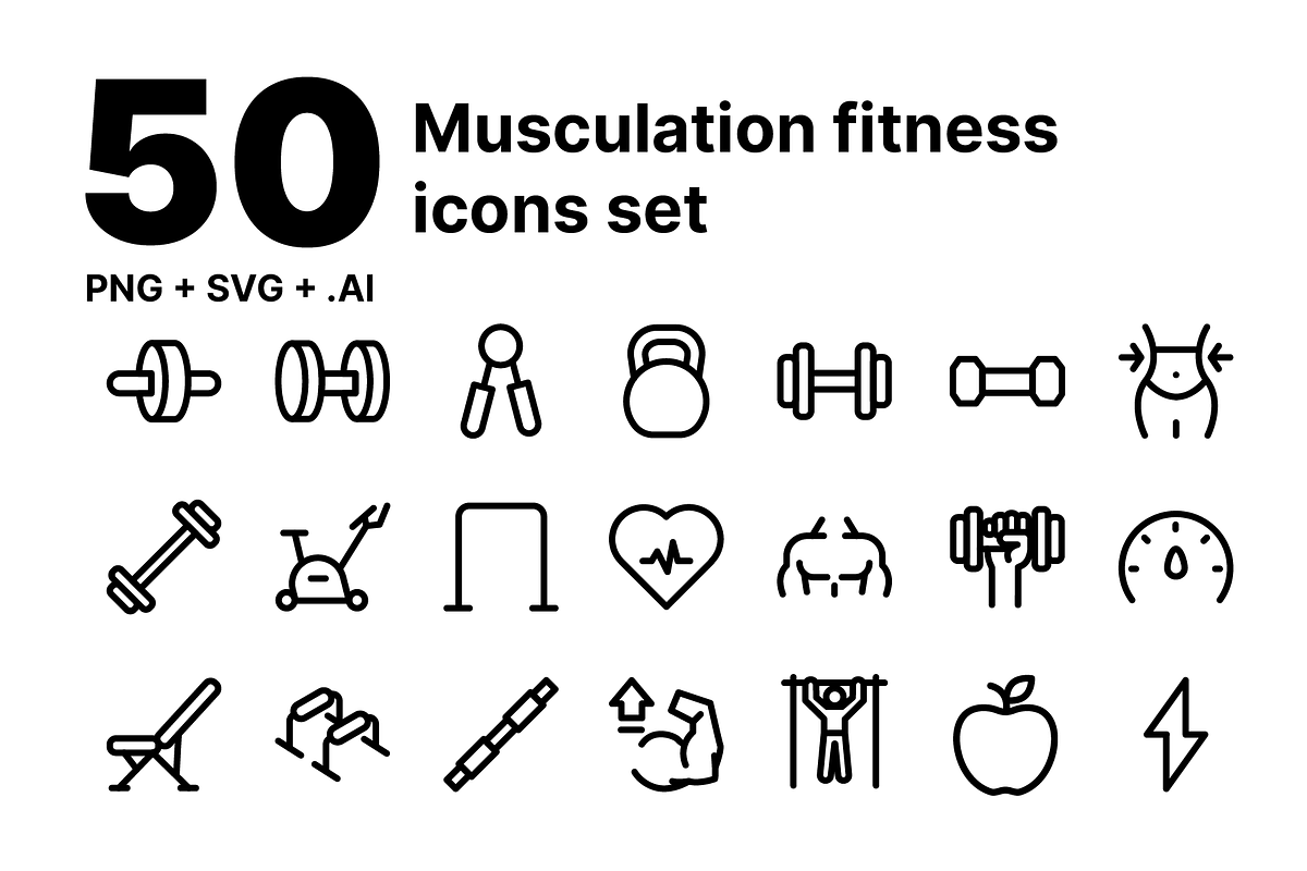 50 musculation fitness icons set, an Outline Icon by Icons Drop (Photo 1 of 2)