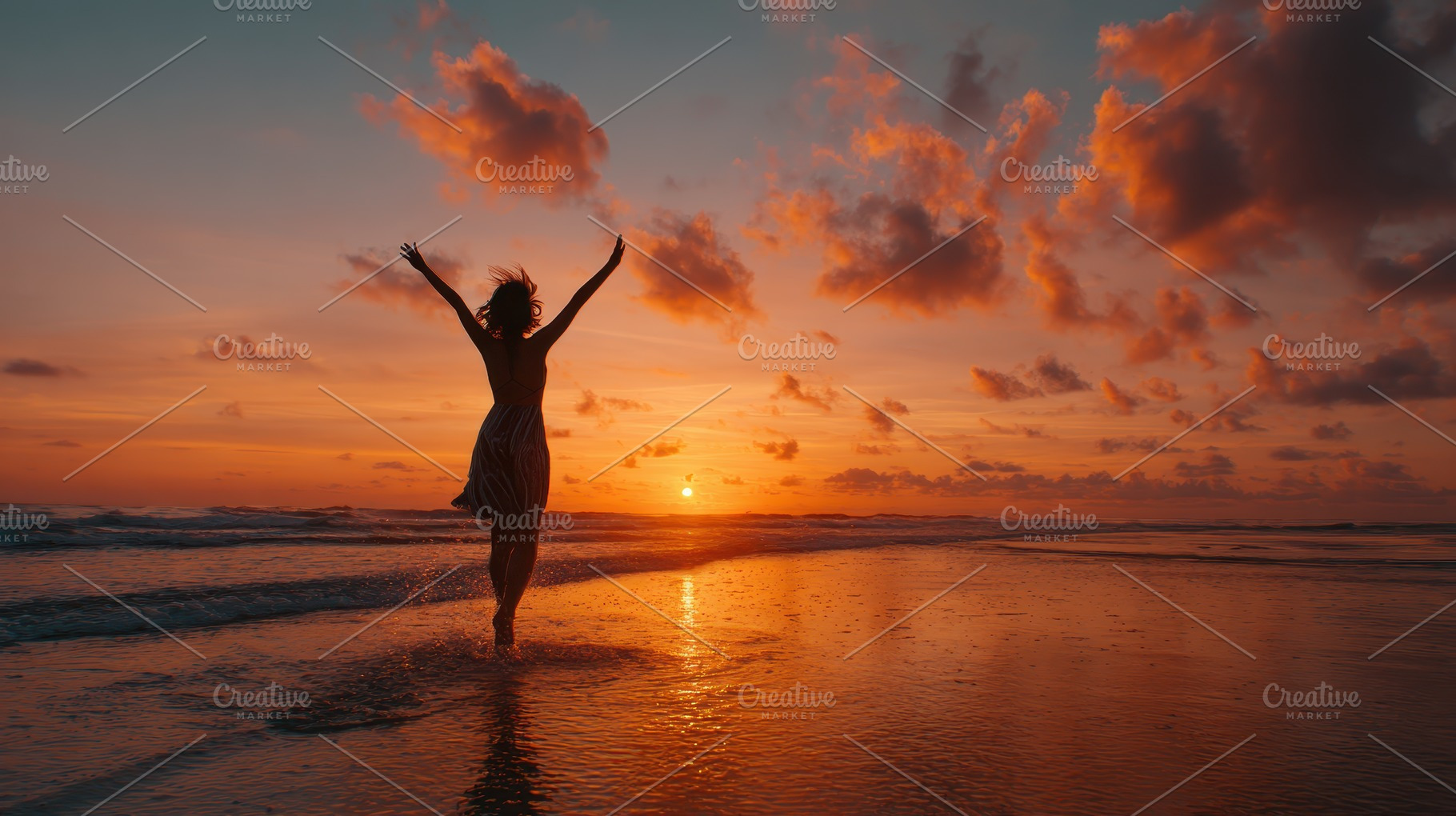 Woman in dress runs on beach at suns, a Photo by Pixeness Studio