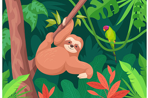 Cartoon sloth on branch. Rainforest, an Animal Illustration by Stock-Smart-Start