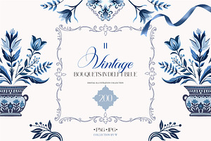 Vintage Bouquets In Delft Blue, a Decorative Illustration by Collection by VY