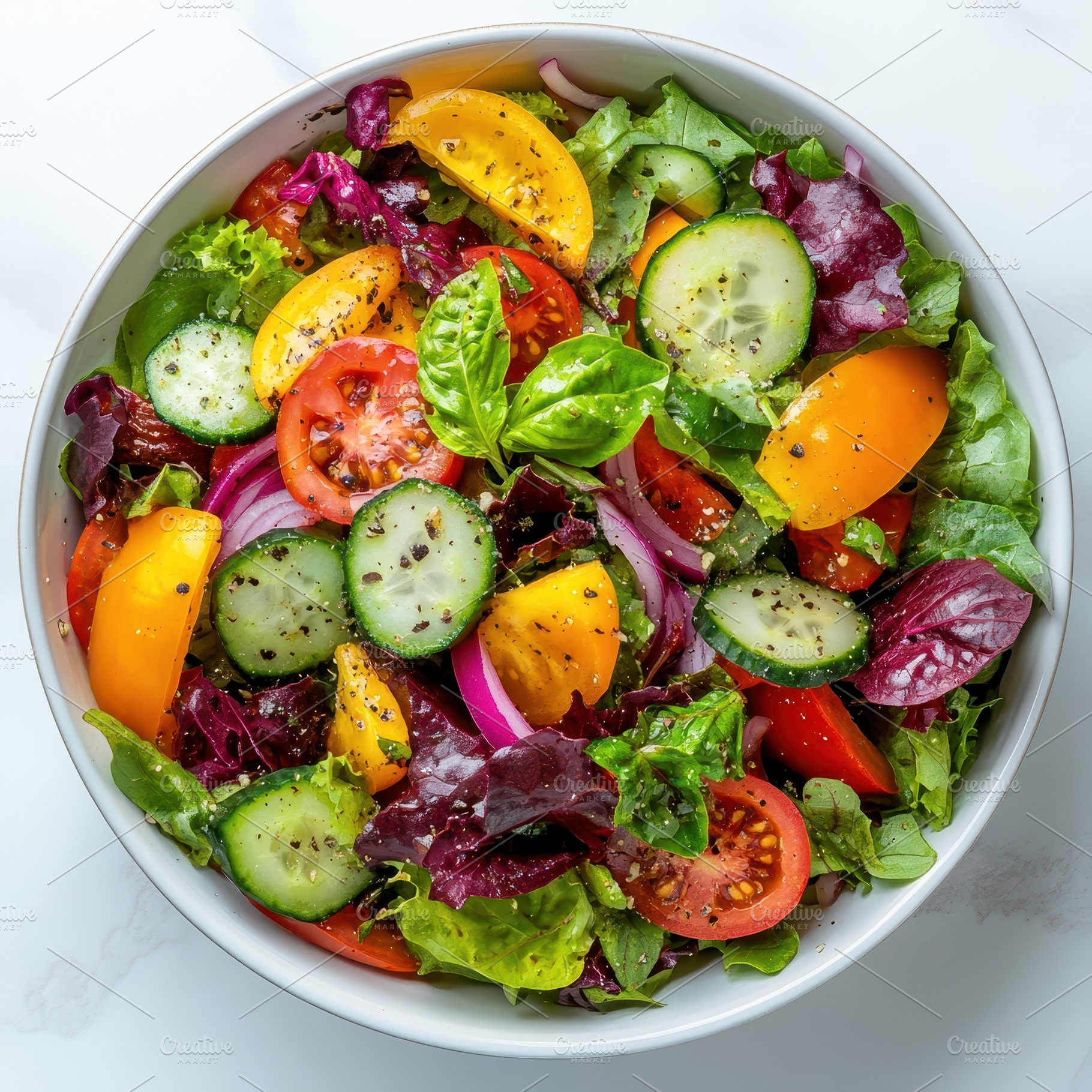Fresh vibrant salad bowl with tomato, a Food & Drink Photo by Pixeness Studio