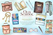 Watercolor Old School Clipart Set, a Seasonal Illustration by ArtCreationsDesign (Thumbnail 9 of 18)