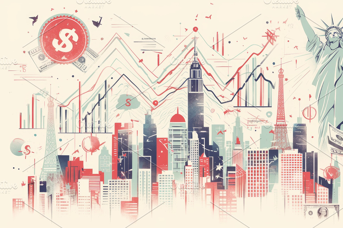 Economic growth and inflation illustration with city skyline and charts, an Illustration by AS photostudio