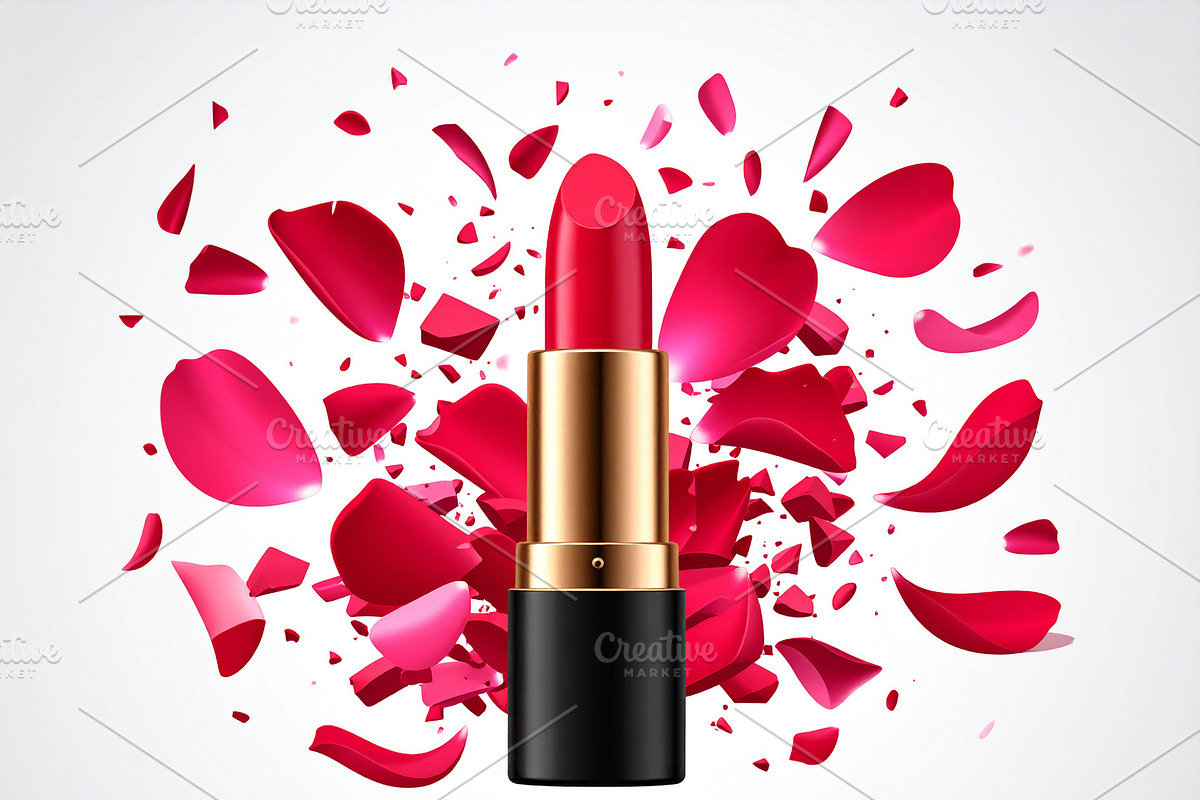 Lipstick bullet with floating pieces radiating pigment in the sh, a Healthcare Illustration by DanFLCreativo