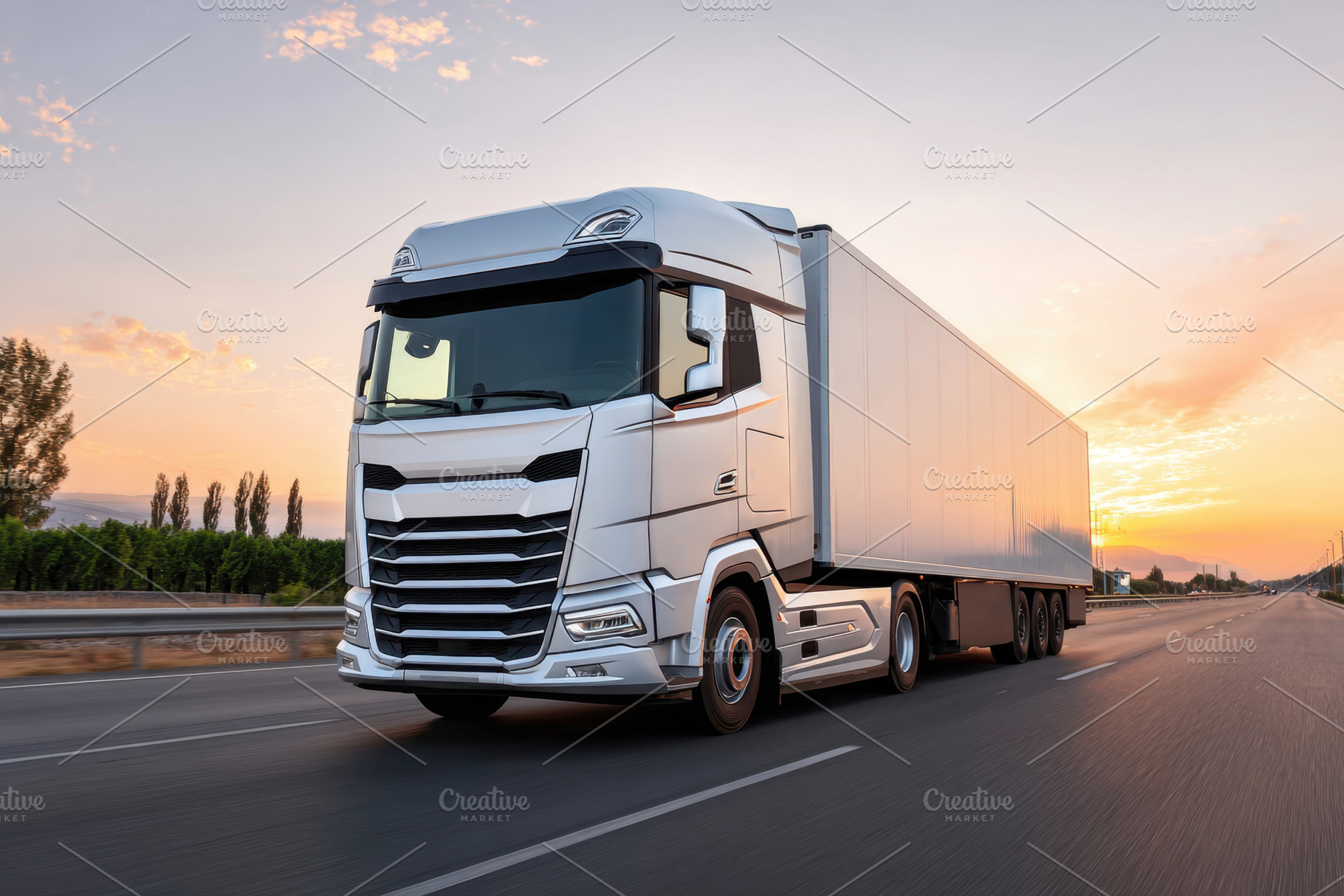 Truck driving on a scenic highway, a Transportation Photo by AlyaAnd
