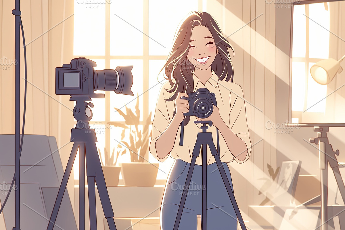 Smiling woman setting up her camera in a bright home studio setting, an Illustration by AS photostudio