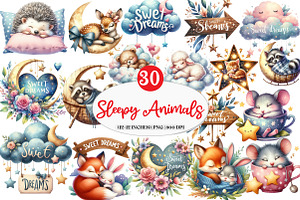 Sweet Dreams Sign,Sleepy Animals png, an Illustration by Watercolor design