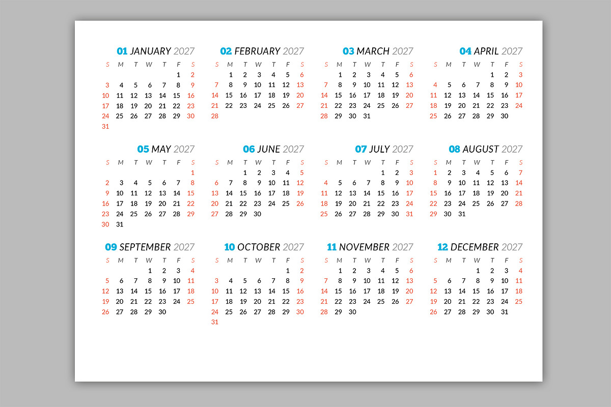 Wall Calendar 2027 (WC031-27-S), a Stationery Template by mikhailmorosin (Photo 6 of 7)