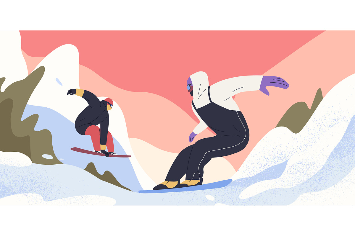 Snowboarders on mountain slopes set, a Sport Illustration by Good Studio (Photo 5 of 5)