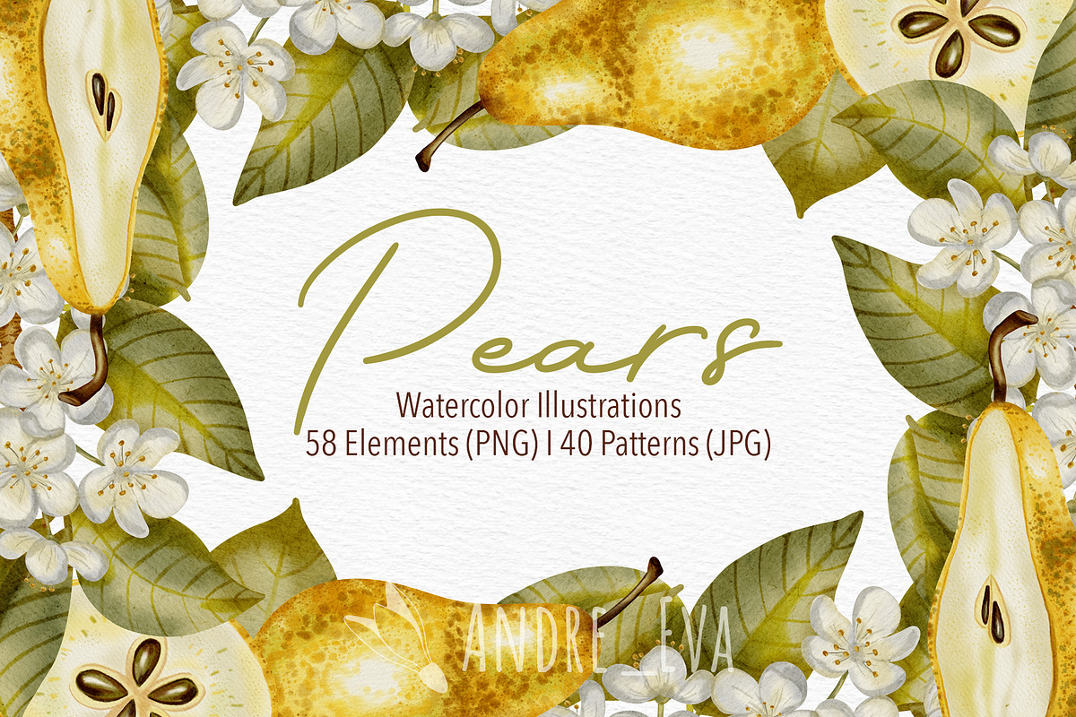 Watercolor Pears Clipart/Pattern, an Illustration by Andre_Eva (Photo 1 of 10)