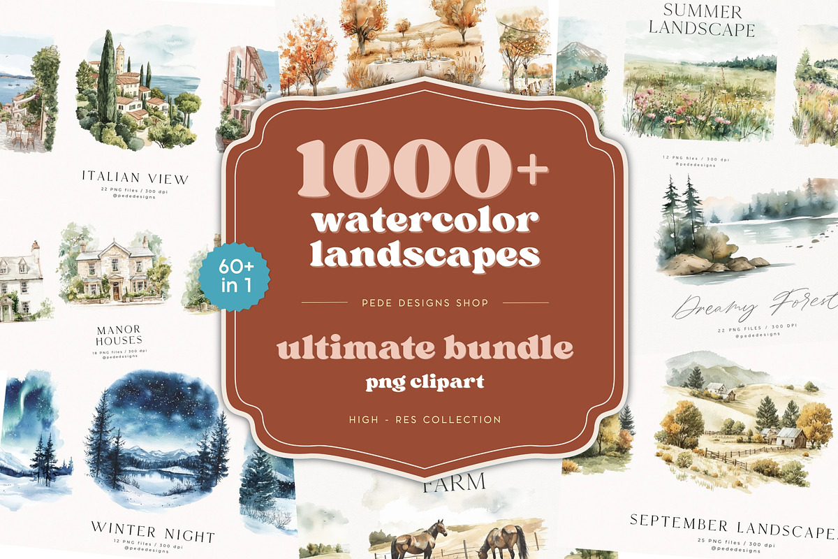 Watercolor Landscapes Bundle, a Decorative Illustration by PeDe Designs (Photo 1 of 14)
