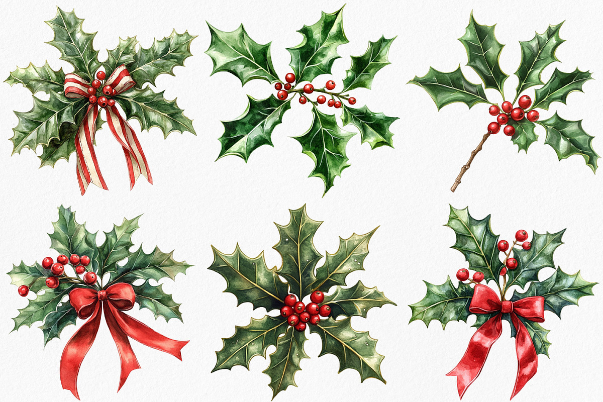 Watercolor Holly & Berries Clipart, an Illustration by Canvas Craft (Photo 2 of 8)