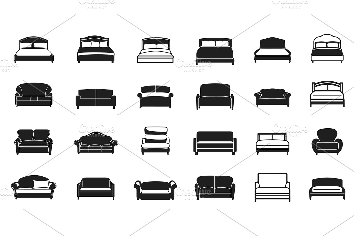 Bed and sofa icons set. Bedroom and, an Object Illustration by Valerie Bodnar