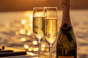Champagne glasses at sunset on water, a Photo by Beautiful things