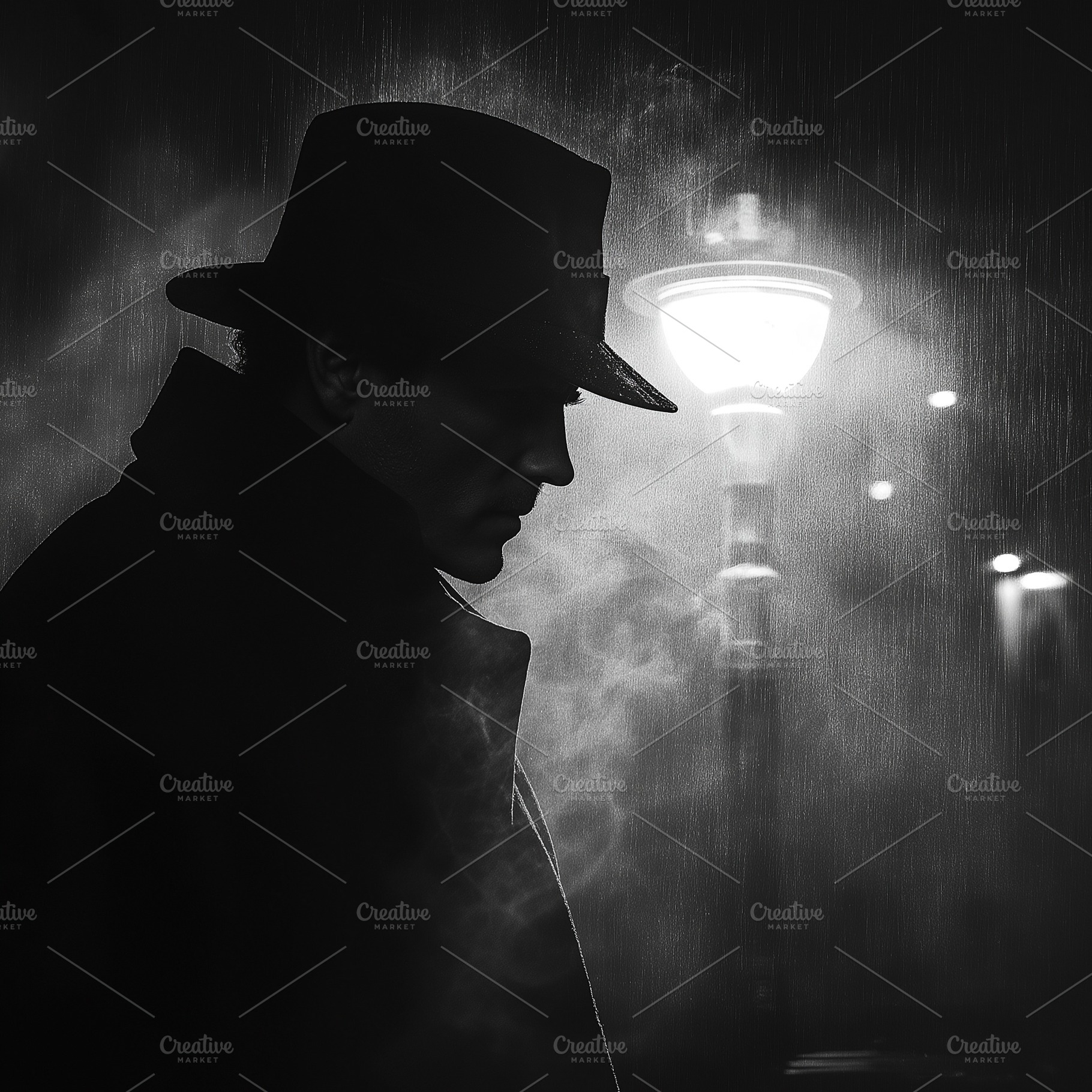 A mysterious man in a fedora, captured in silhouette amidst the rain and mist,, a Person Photo by ImageMir