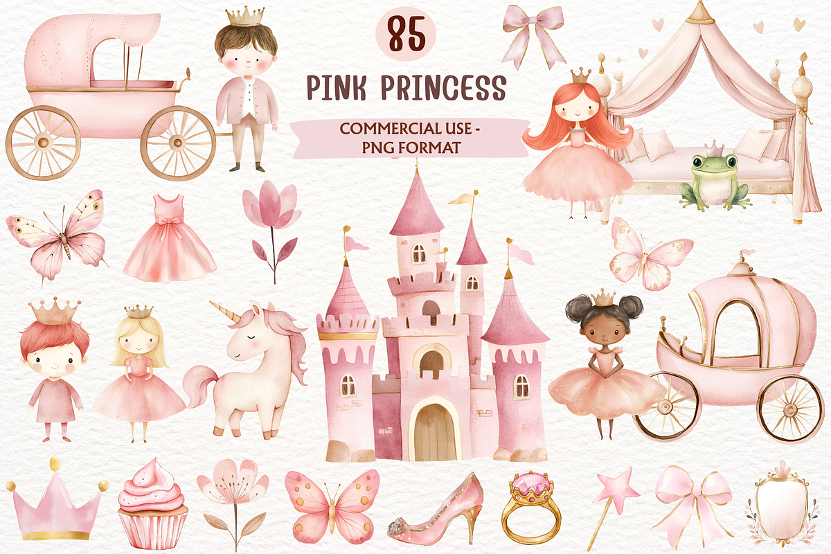 Pink Princess Watercolor Cliparts, a Person Illustration by SugarCloudStudioArt (Photo 1 of 5)
