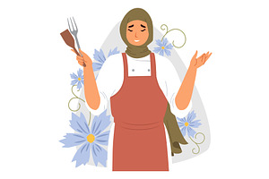 A culinary expert wearing a hijab, a Food Illustration by SiberianArt