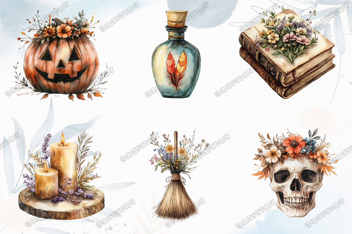 Watercolor Boho Halloween Clipart, an Illustration by designcity5 (Photo 3 of 5)