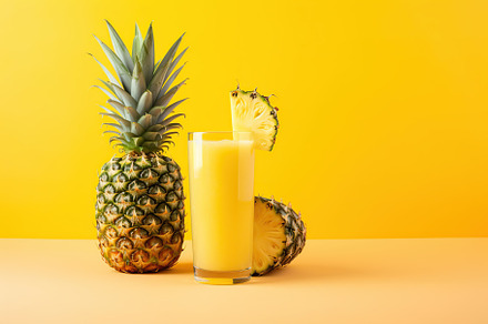 Sliced pineapples and glass of juice on yellow background, a Food & Drink Photo by AlyaAnd