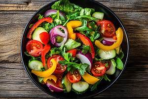 Fresh salad with vegetables in bowl, organic healthy food, a Food & Drink Photo by AlyaAnd